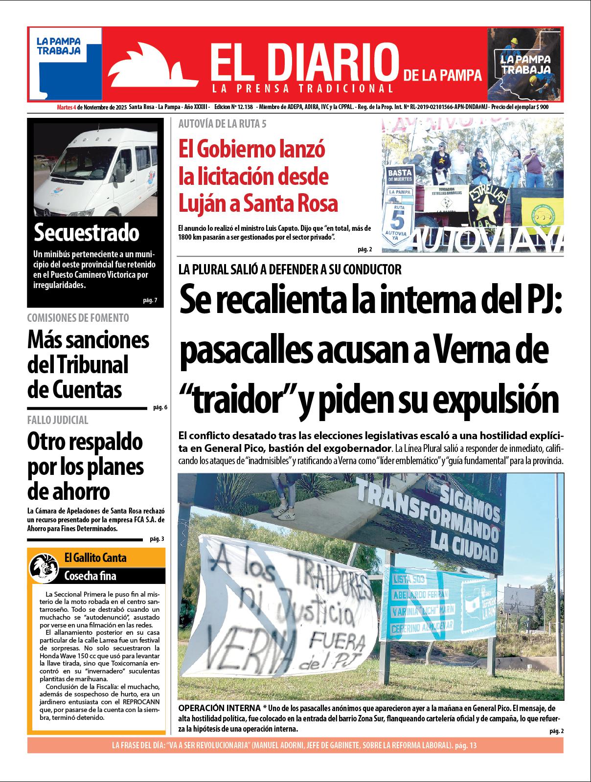 Tapa de El Diario en papel  martes 04 de noviembre de 2025